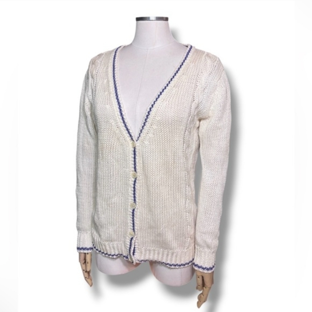 CHRISTIAN DIOR Ivory Knit Linen Blend Cardigan Purple Accent Line VINTAGE